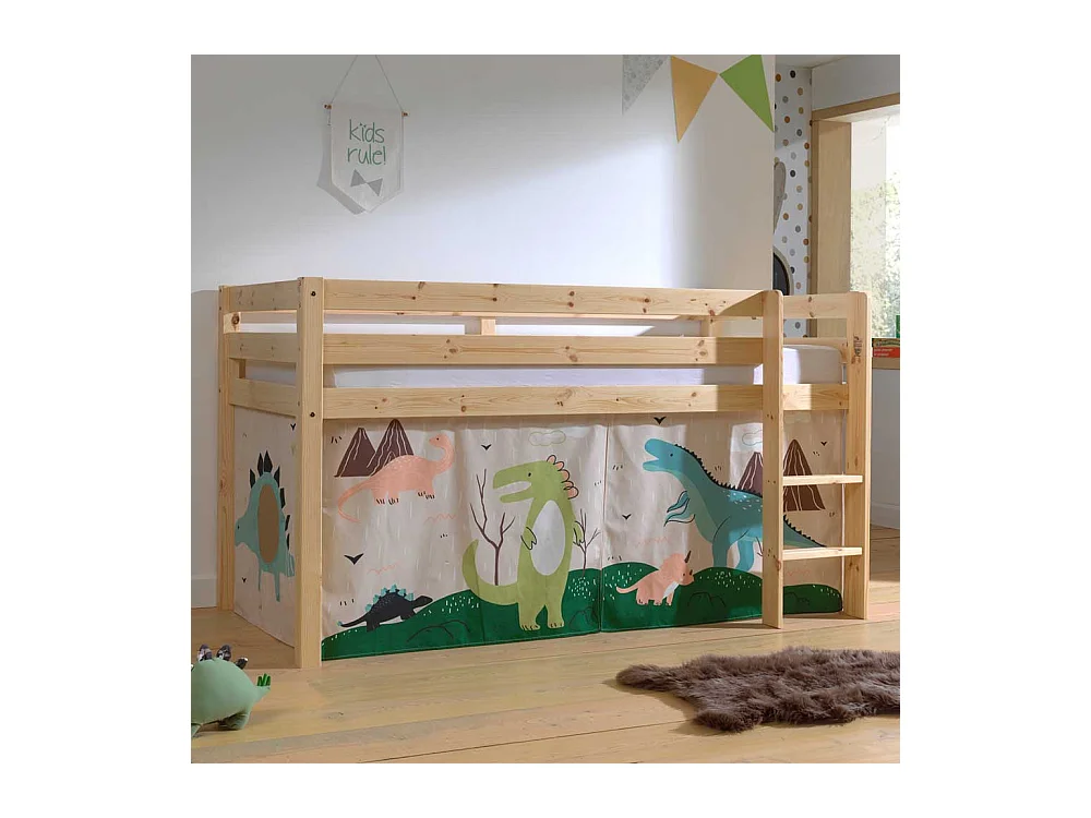 Massivholz Hochbett aus Kiefer Dinosaurier Vorhang Set