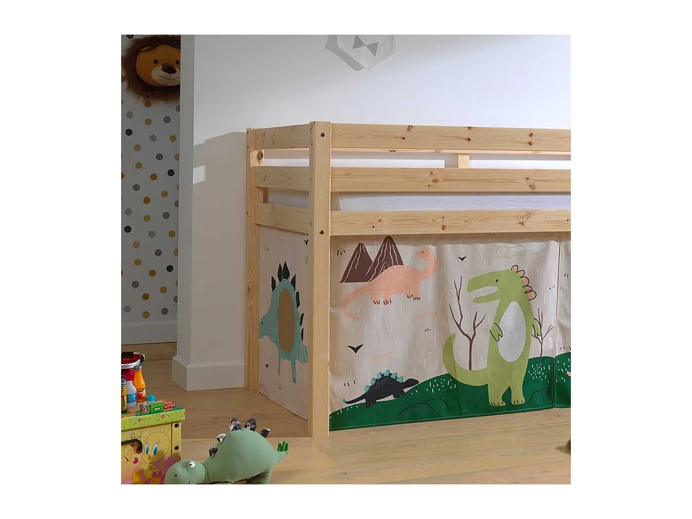 Massivholz Hochbett aus Kiefer Dinosaurier Vorhang Set