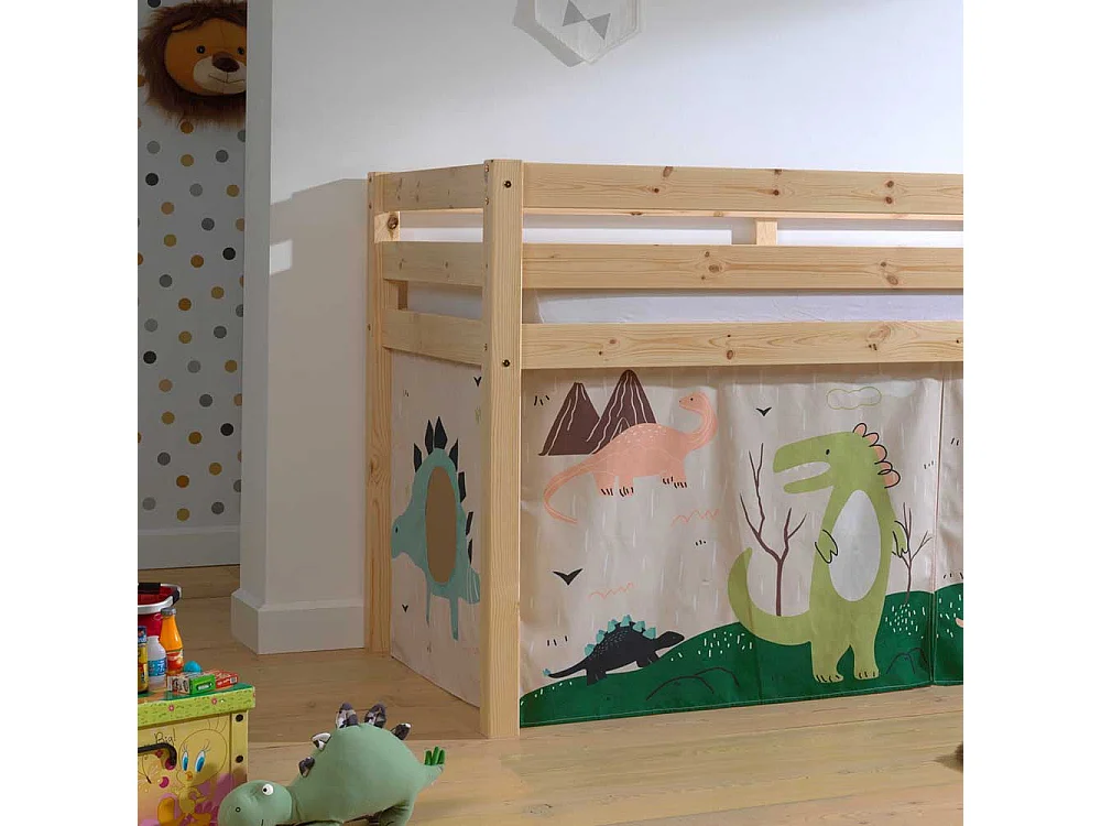 Massivholz Hochbett aus Kiefer Dinosaurier Vorhang Set