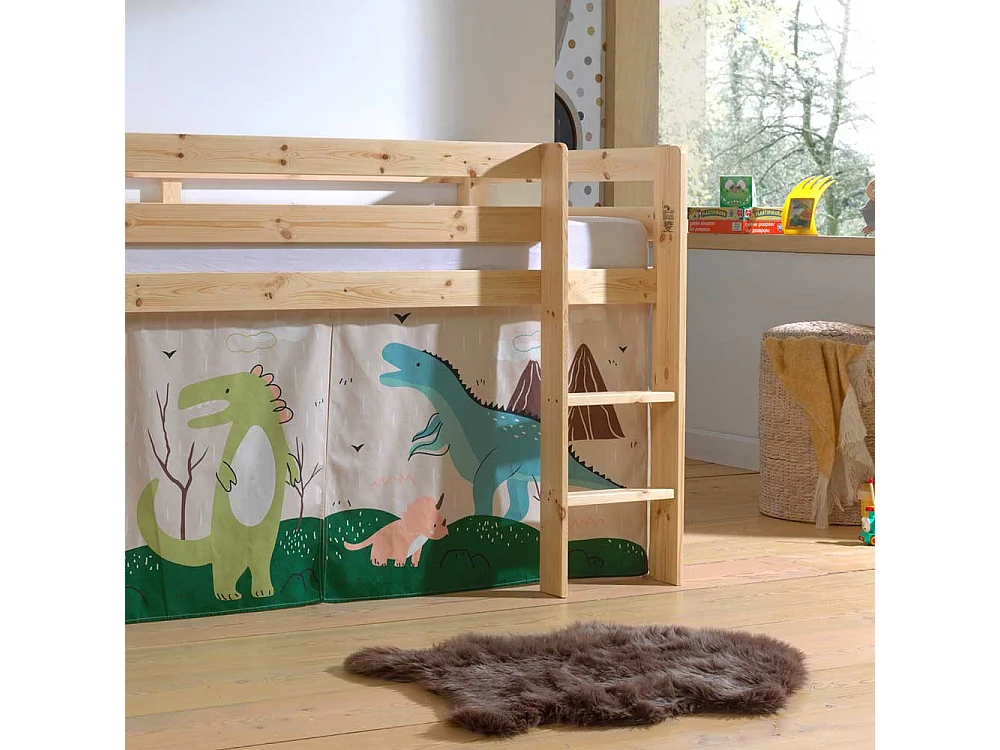 Massivholz Hochbett aus Kiefer Dinosaurier Vorhang Set