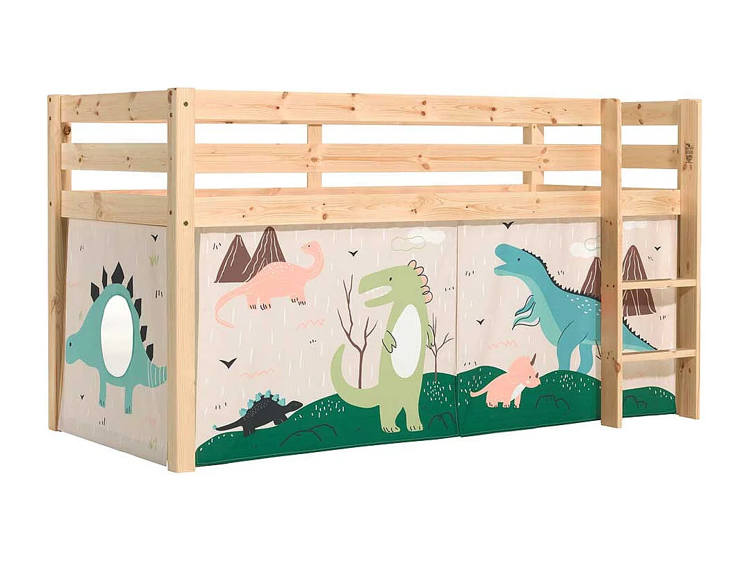 Massivholz Hochbett aus Kiefer Dinosaurier Vorhang Set