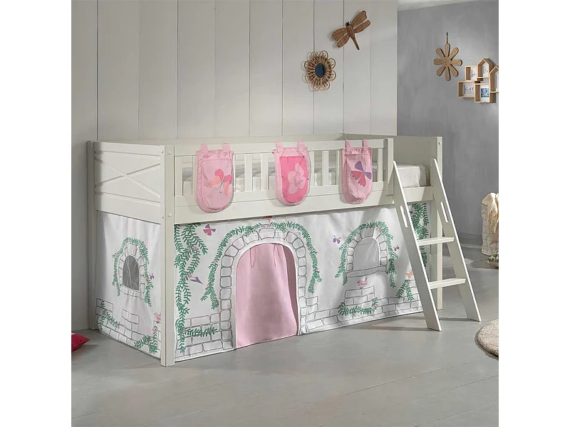 Kinder Halbhochbett aus Kiefer Massivholz Vorhang