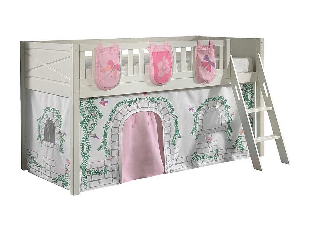 Kinder Halbhochbett aus Kiefer Massivholz Vorhang