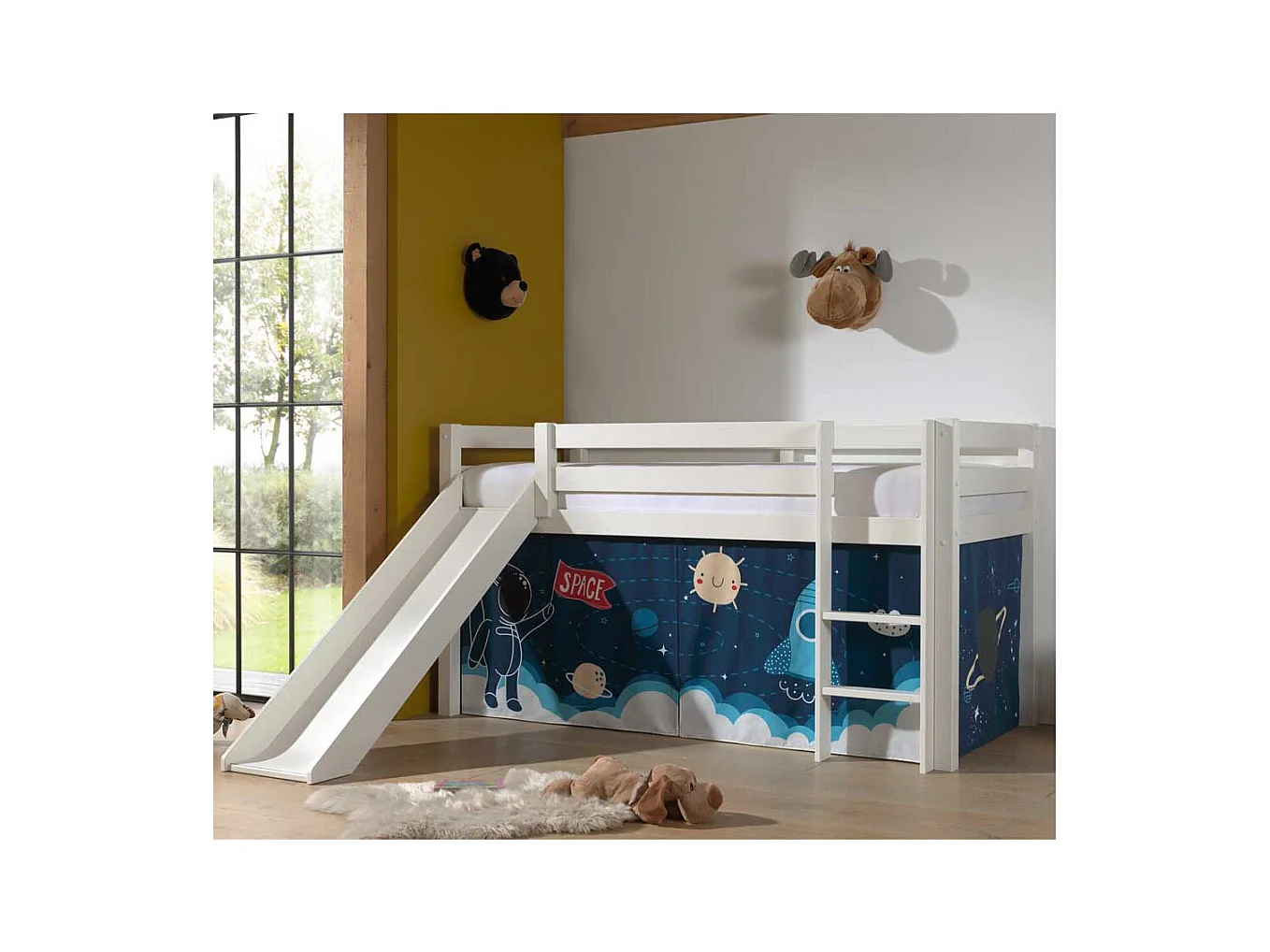 Kinder Halbhochbett in Weiß Weltraum Motiv