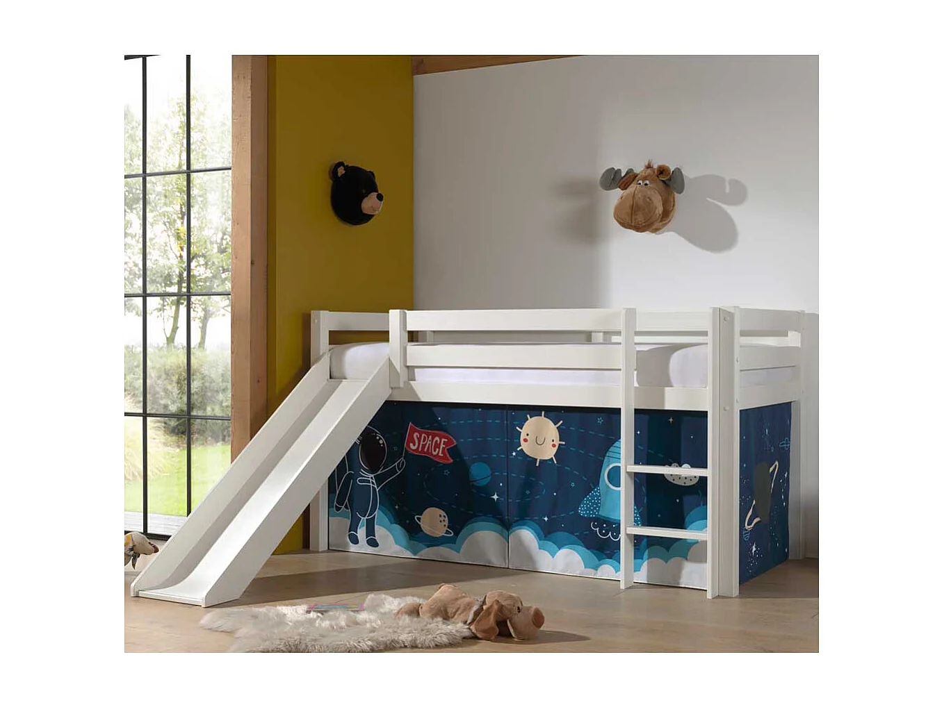 Kinder Halbhochbett in Weiß Weltraum Motiv