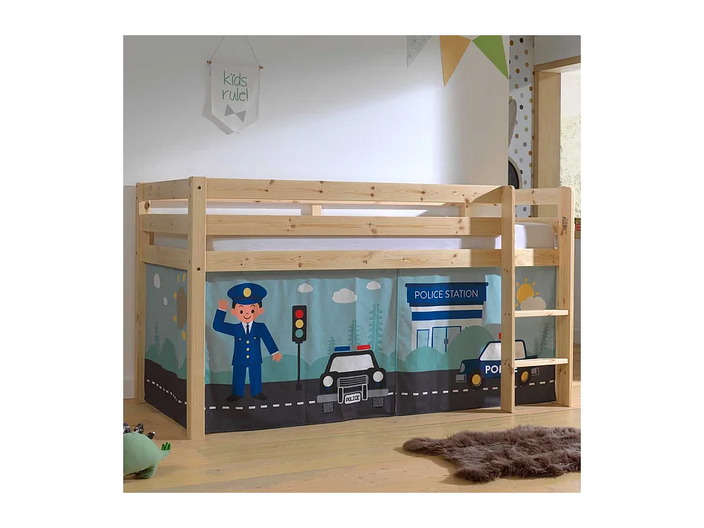 Hochbett Kind aus Kiefer Massivholz lackiert Vorhang Set Polizei Motiv