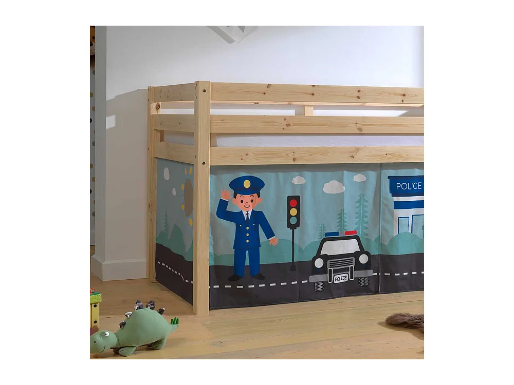 Hochbett Kind aus Kiefer Massivholz lackiert Vorhang Set Polizei Motiv