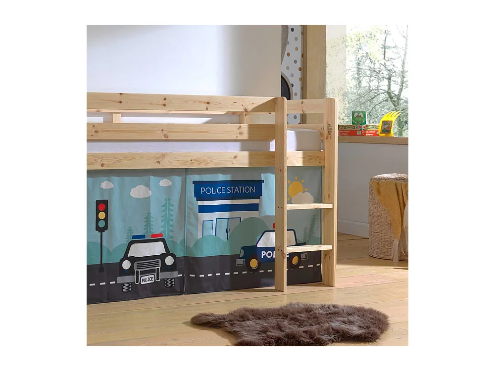 Hochbett Kind aus Kiefer Massivholz lackiert Vorhang Set Polizei Motiv