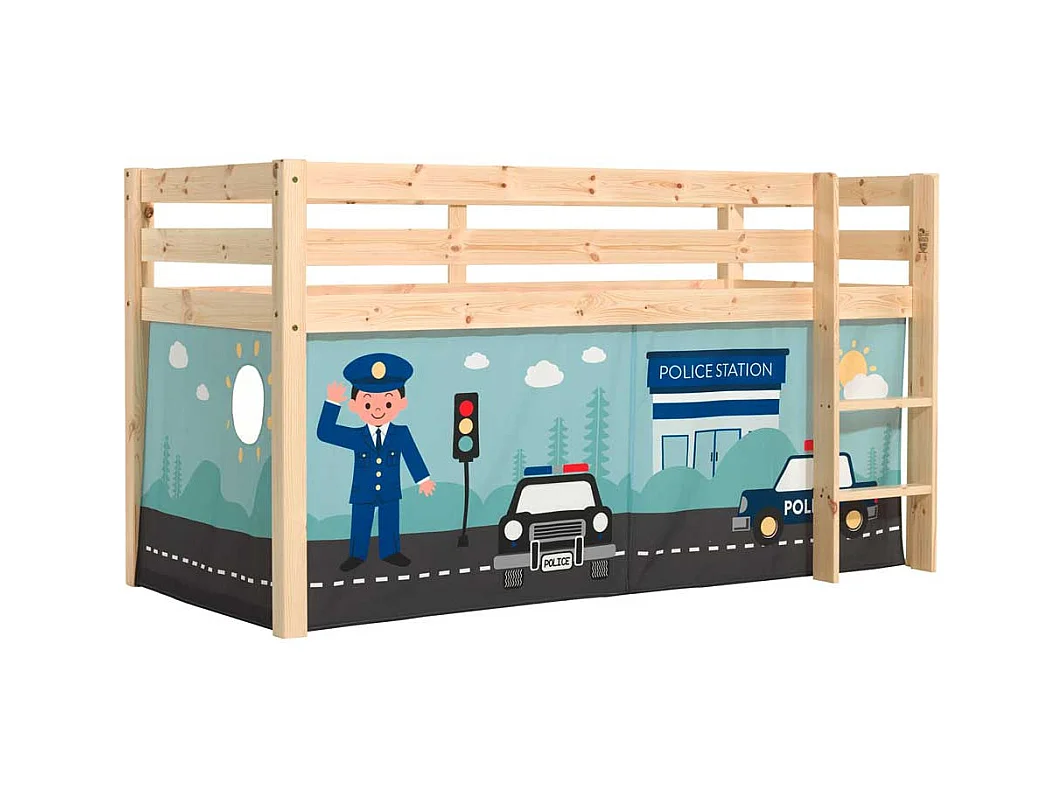 Hochbett Kind aus Kiefer Massivholz lackiert Vorhang Set Polizei Motiv