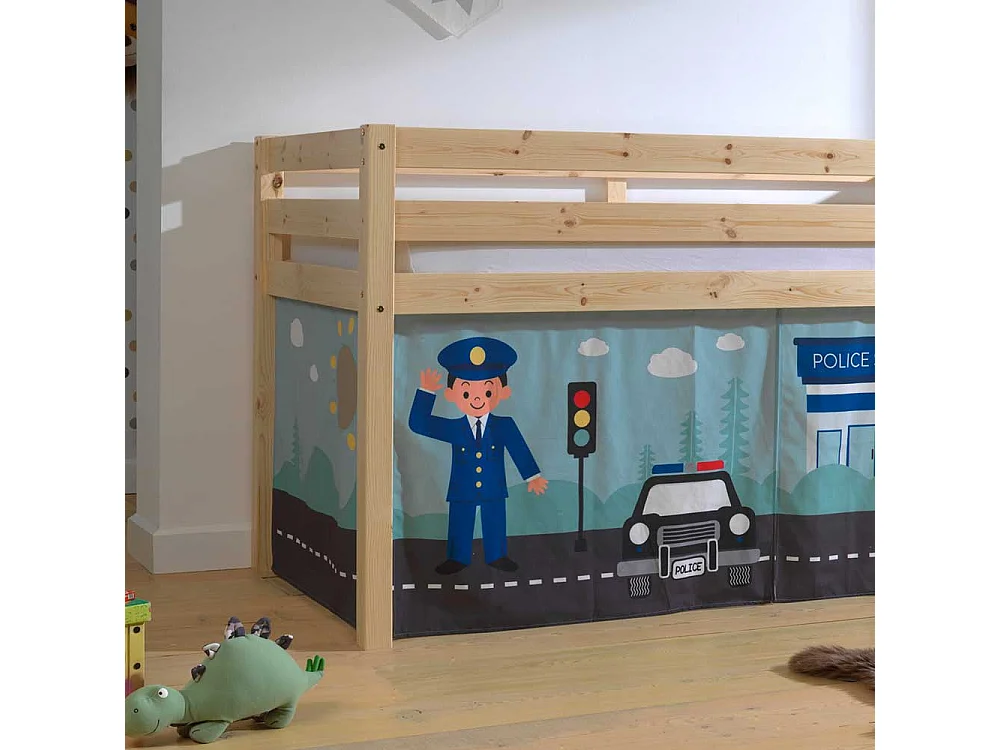 Hochbett Kind aus Kiefer Massivholz lackiert Vorhang Set Polizei Motiv