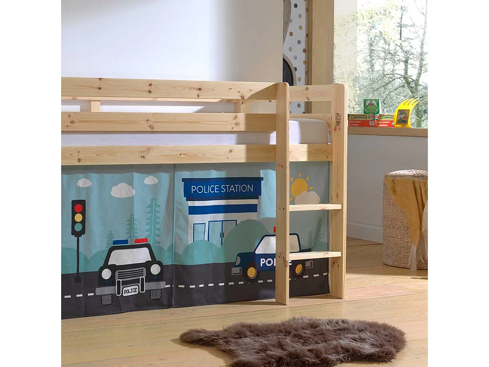 Hochbett Kind aus Kiefer Massivholz lackiert Vorhang Set Polizei Motiv
