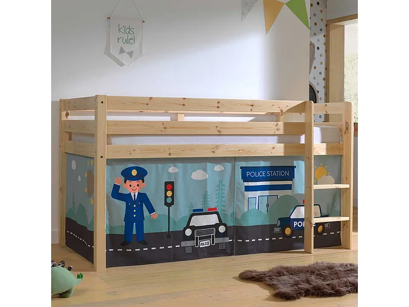 Hochbett Kind aus Kiefer Massivholz lackiert Vorhang Set Polizei Motiv