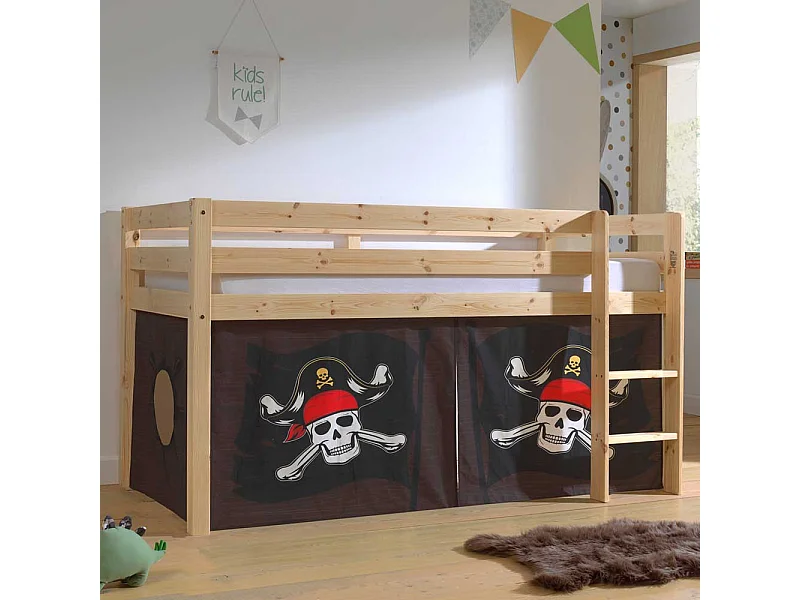 Piraten Bett aus Kiefer Massivholz lackiert Vorhang Set