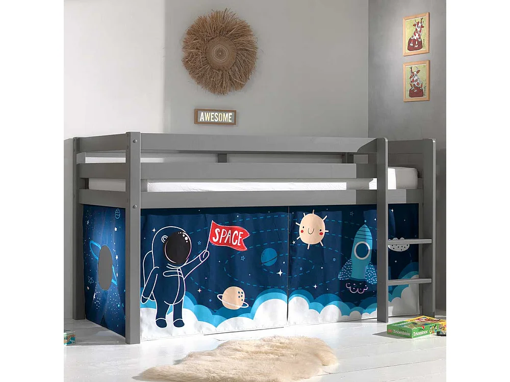 Halbhohes Bett aus Kiefer Massivholz Grau mit Weltraum Vorhang