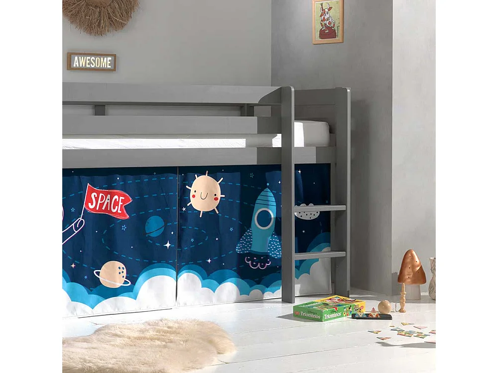 Halbhohes Bett aus Kiefer Massivholz Grau mit Weltraum Vorhang