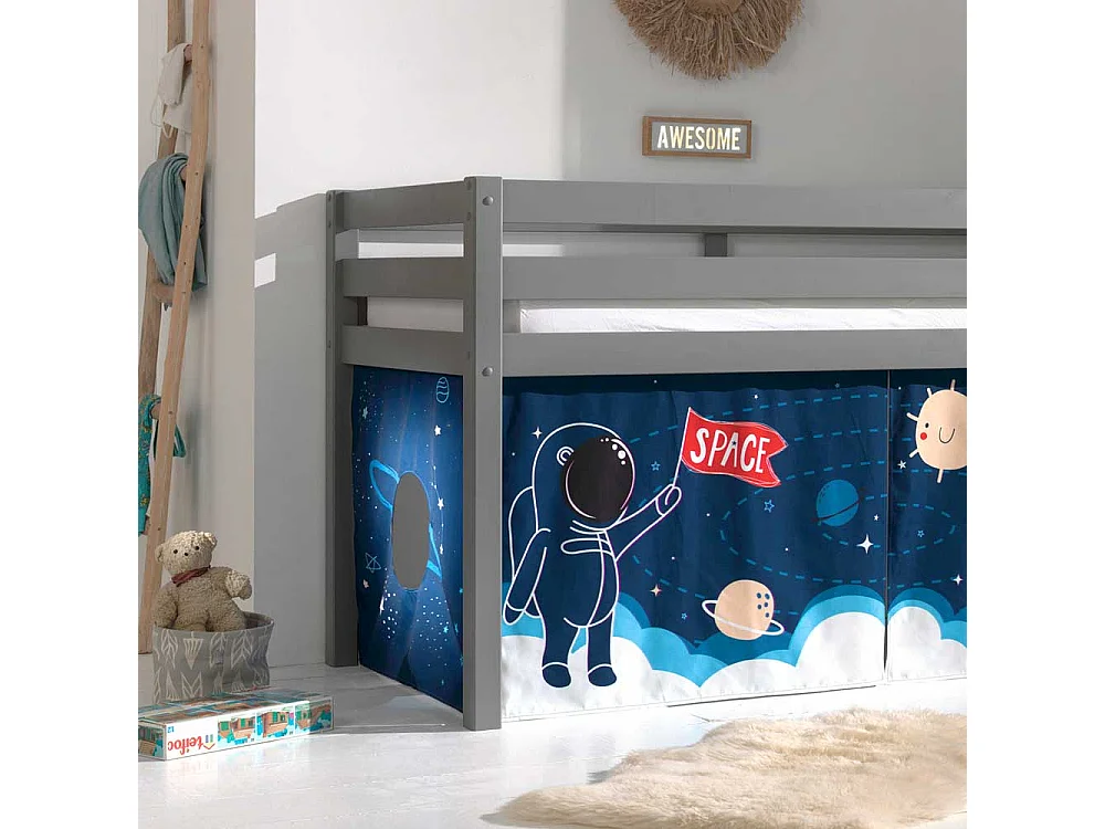Halbhohes Bett aus Kiefer Massivholz Grau mit Weltraum Vorhang