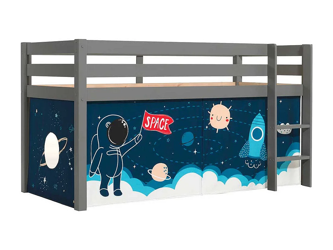 Halbhohes Bett aus Kiefer Massivholz Grau mit Weltraum Vorhang