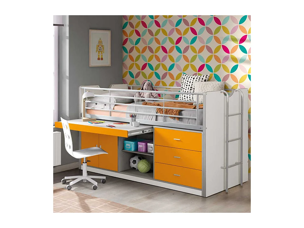 Kinderhochbett mit Schreibtischplatte Weiß