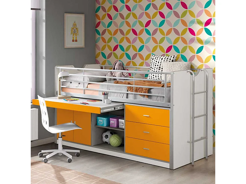 Kinderhochbett mit Schreibtischplatte Weiß