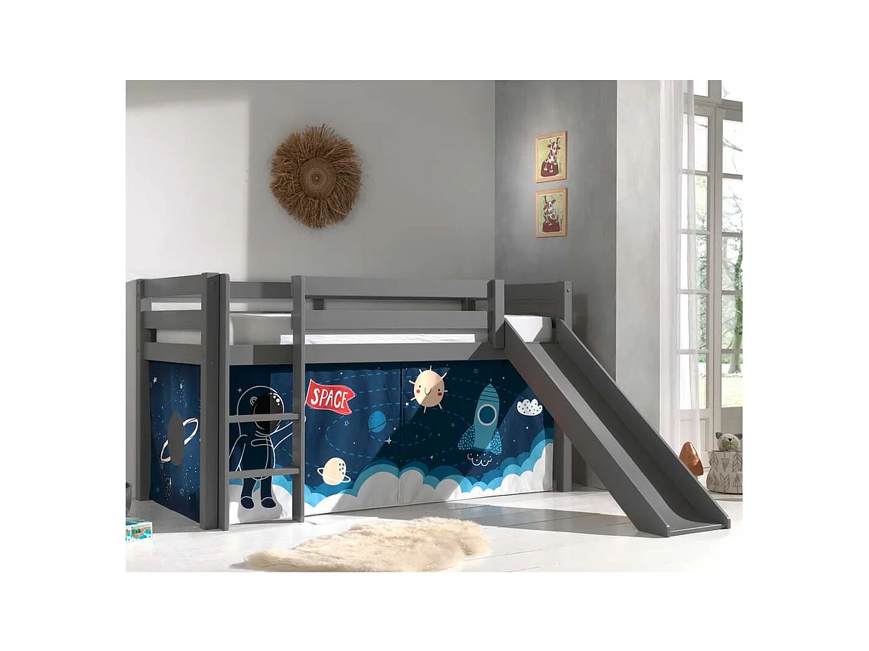 Kinderhochbett in Grau Vorhang mit Weltraum Motiv