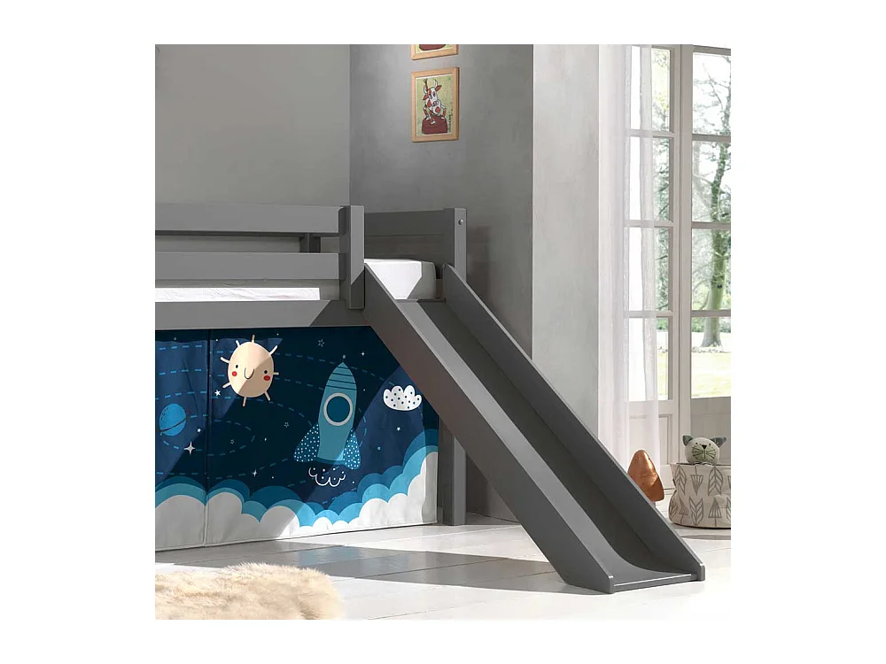 Kinderhochbett in Grau Vorhang mit Weltraum Motiv