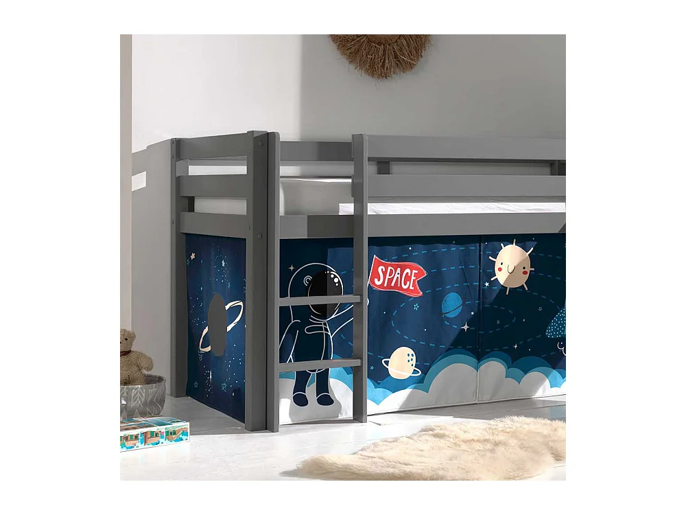 Kinderhochbett in Grau Vorhang mit Weltraum Motiv