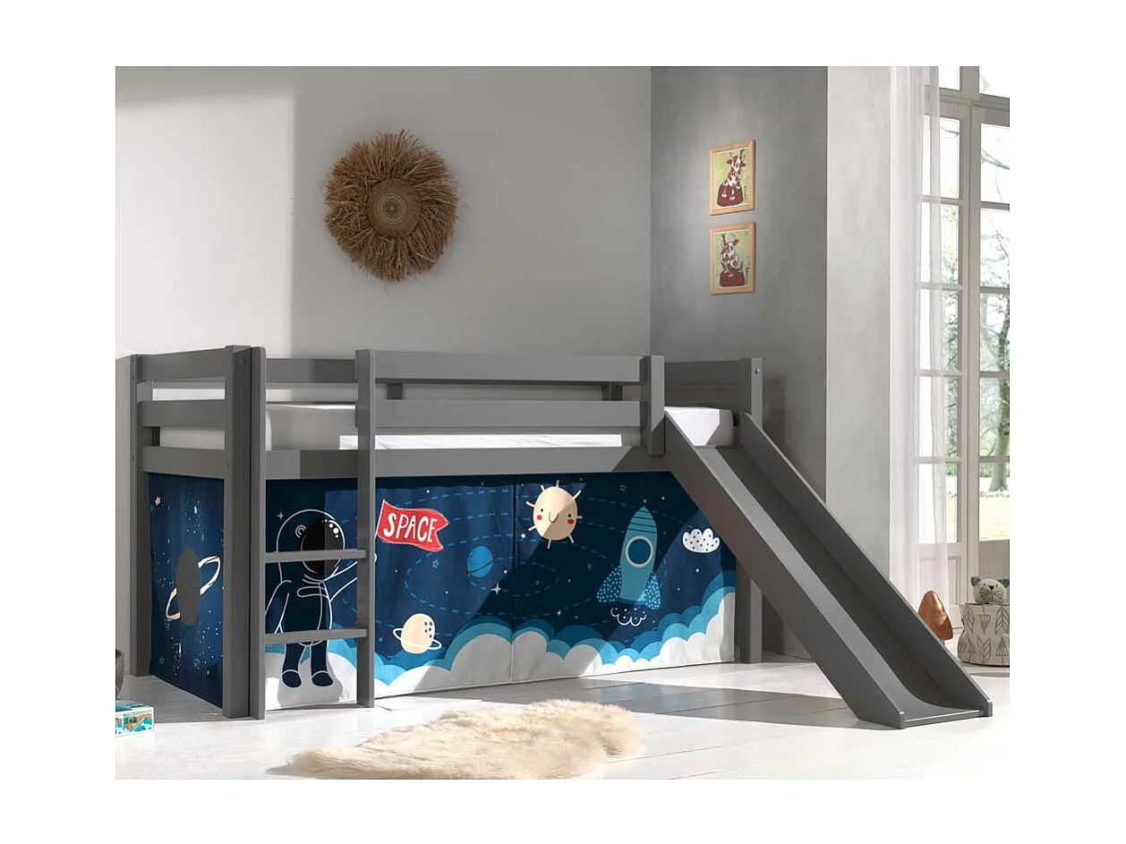 Kinderhochbett in Grau Vorhang mit Weltraum Motiv