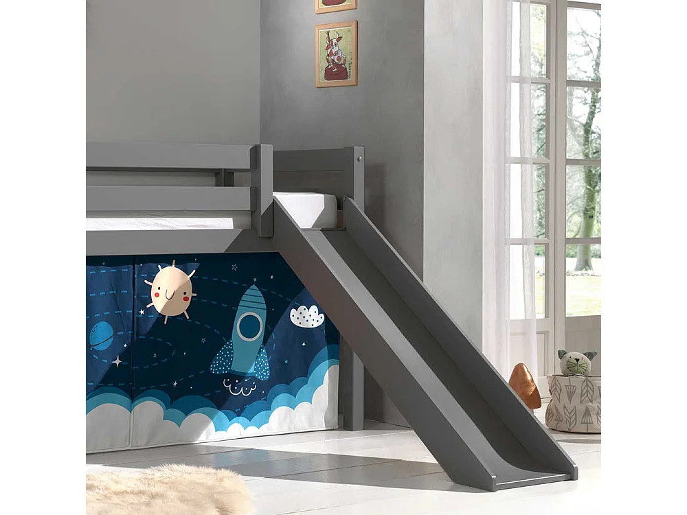 Kinderhochbett in Grau Vorhang mit Weltraum Motiv