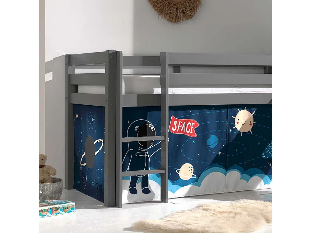 Kinderhochbett in Grau Vorhang mit Weltraum Motiv