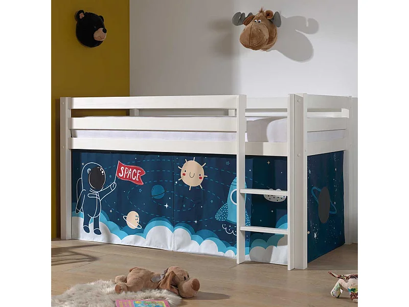 Kinder Hochbett aus Kiefer Massivholz Weiß lackiert mit Weltraum Vorhang