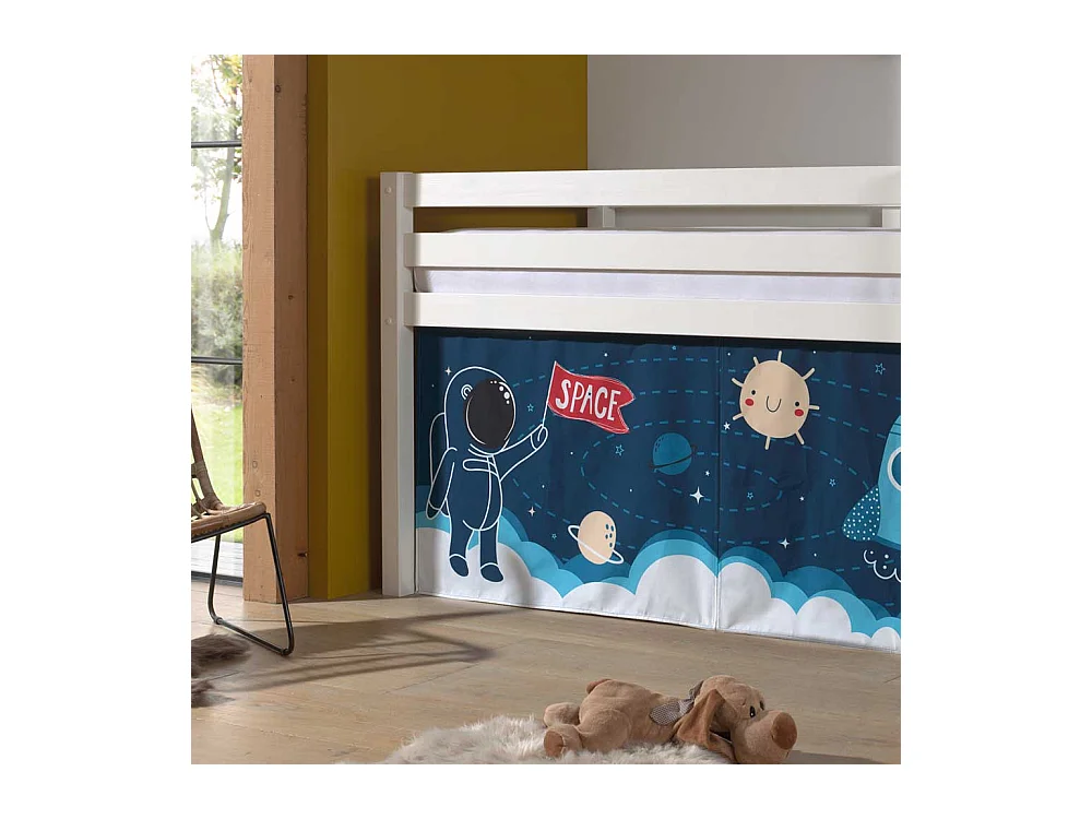 Kinder Hochbett aus Kiefer Massivholz Weiß lackiert mit Weltraum Vorhang