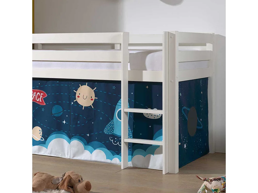 Kinder Hochbett aus Kiefer Massivholz Weiß lackiert mit Weltraum Vorhang