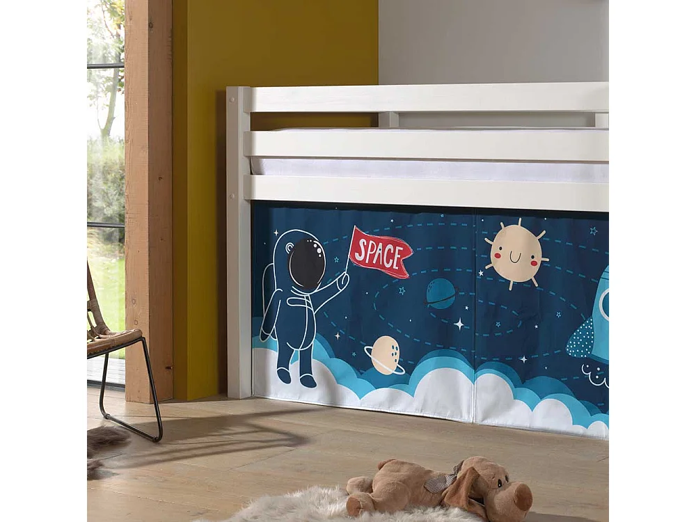 Kinder Hochbett aus Kiefer Massivholz Weiß lackiert mit Weltraum Vorhang