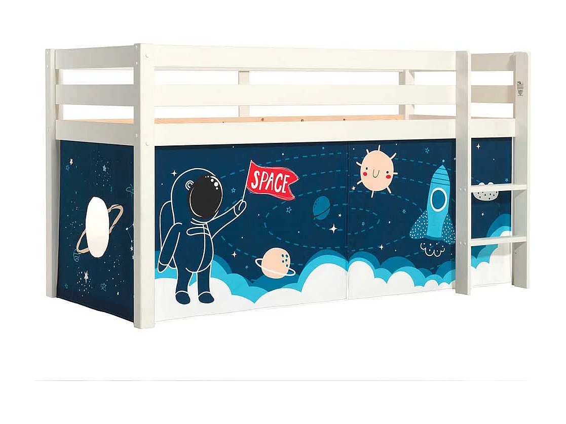 Kinder Hochbett aus Kiefer Massivholz Weiß lackiert mit Weltraum Vorhang