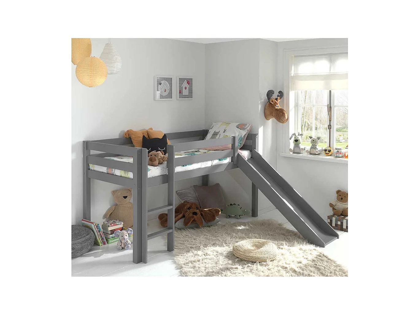 Graues Kinderhochbett mit Rutsche Kiefer Massivholz
