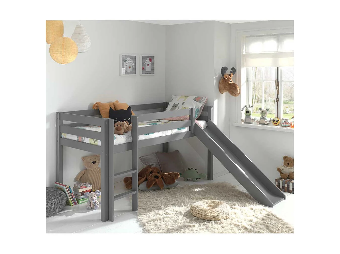 Graues Kinderhochbett mit Rutsche Kiefer Massivholz