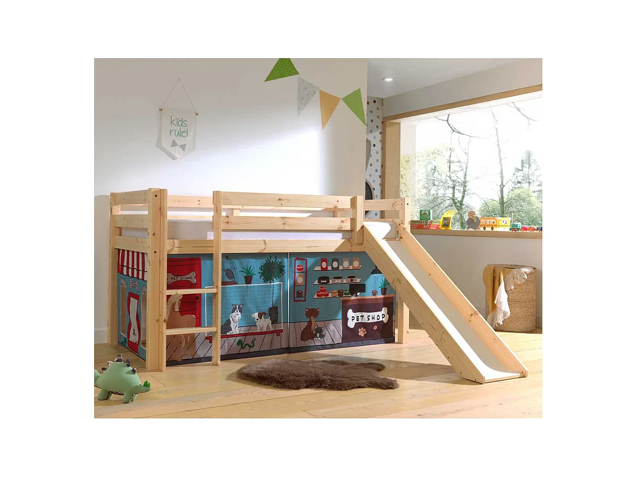 Kinder Halbhochbett aus Kiefer Massivholz Textilvorhang Set