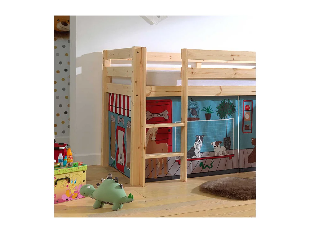 Kinder Halbhochbett aus Kiefer Massivholz Textilvorhang Set