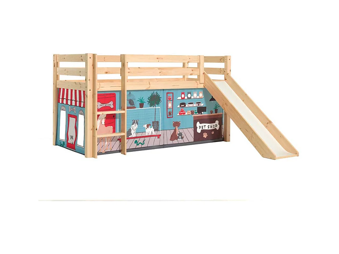 Kinder Halbhochbett aus Kiefer Massivholz Textilvorhang Set