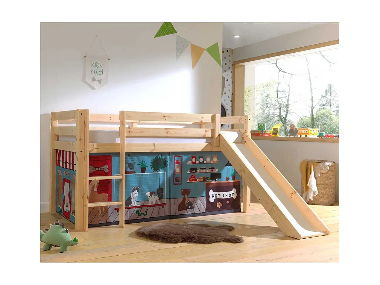 Kinder Halbhochbett aus Kiefer Massivholz Textilvorhang Set