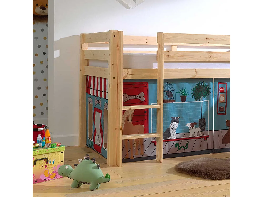 Kinder Halbhochbett aus Kiefer Massivholz Textilvorhang Set