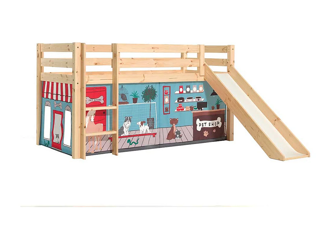 Kinder Halbhochbett aus Kiefer Massivholz Textilvorhang Set