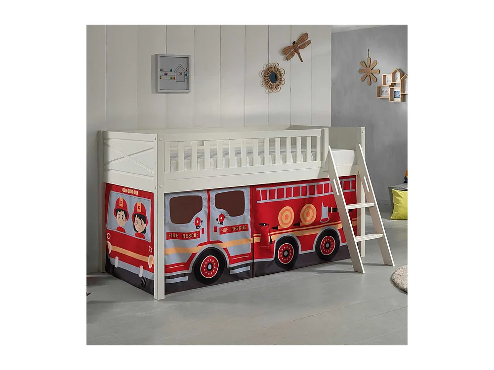 Kinderhochbett mit Vorhang aus Kiefer Massivholz Feuerwehr Motiv