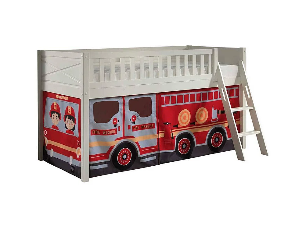 Kinderhochbett mit Vorhang aus Kiefer Massivholz Feuerwehr Motiv