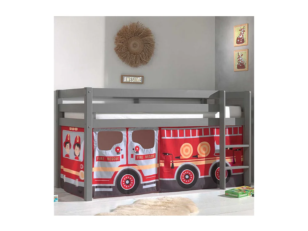 Kinder Hochbett aus Kiefer Massivholz Grau mit Feuerwehr Vorhang