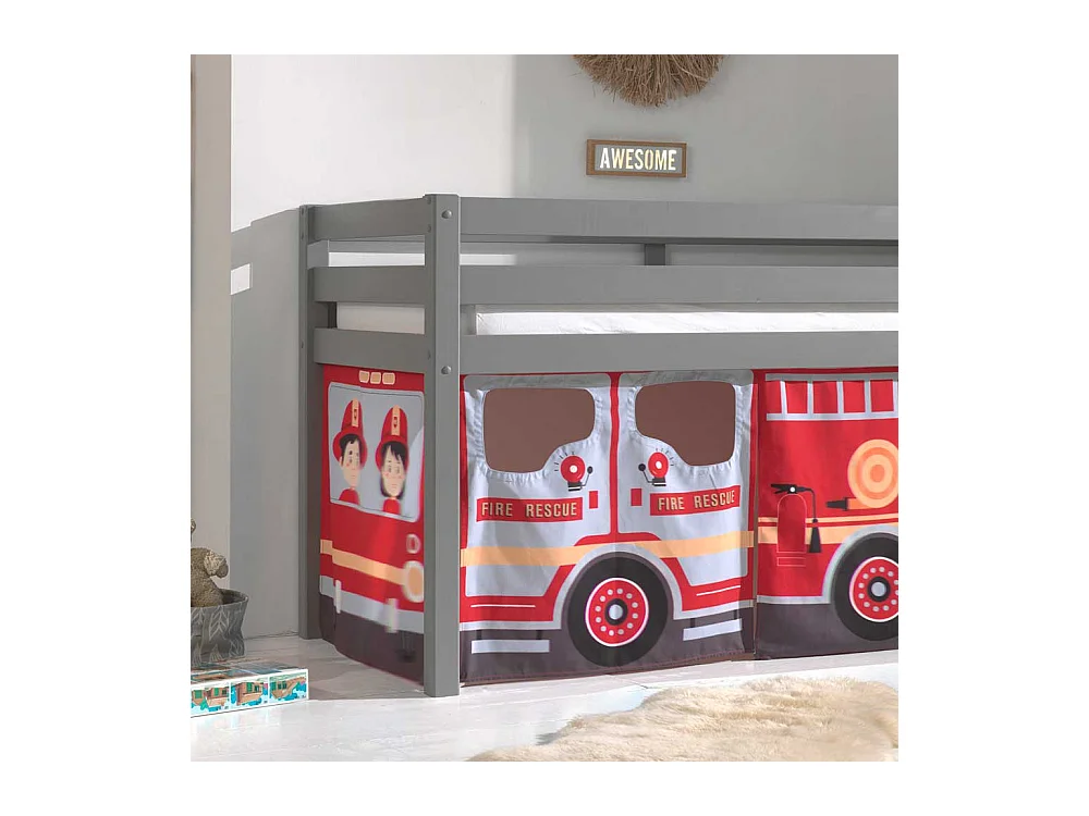 Kinder Hochbett aus Kiefer Massivholz Grau mit Feuerwehr Vorhang