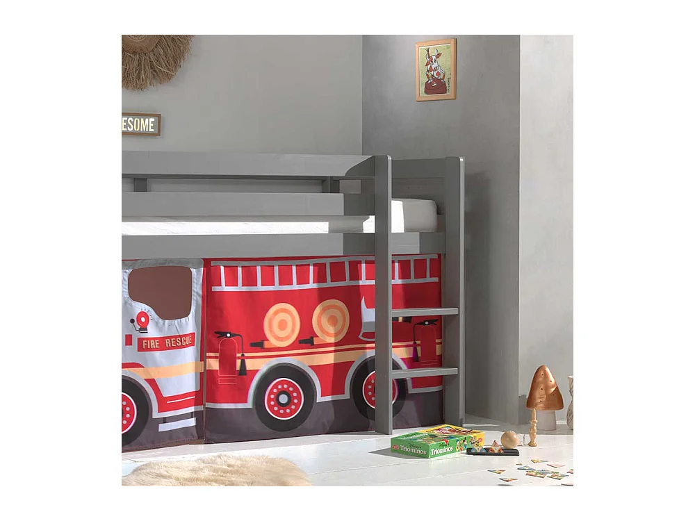 Kinder Hochbett aus Kiefer Massivholz Grau mit Feuerwehr Vorhang