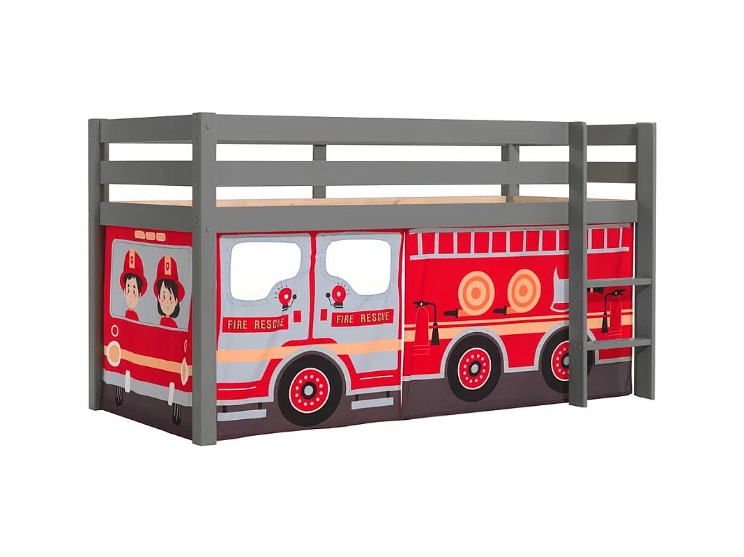 Kinder Hochbett aus Kiefer Massivholz Grau mit Feuerwehr Vorhang
