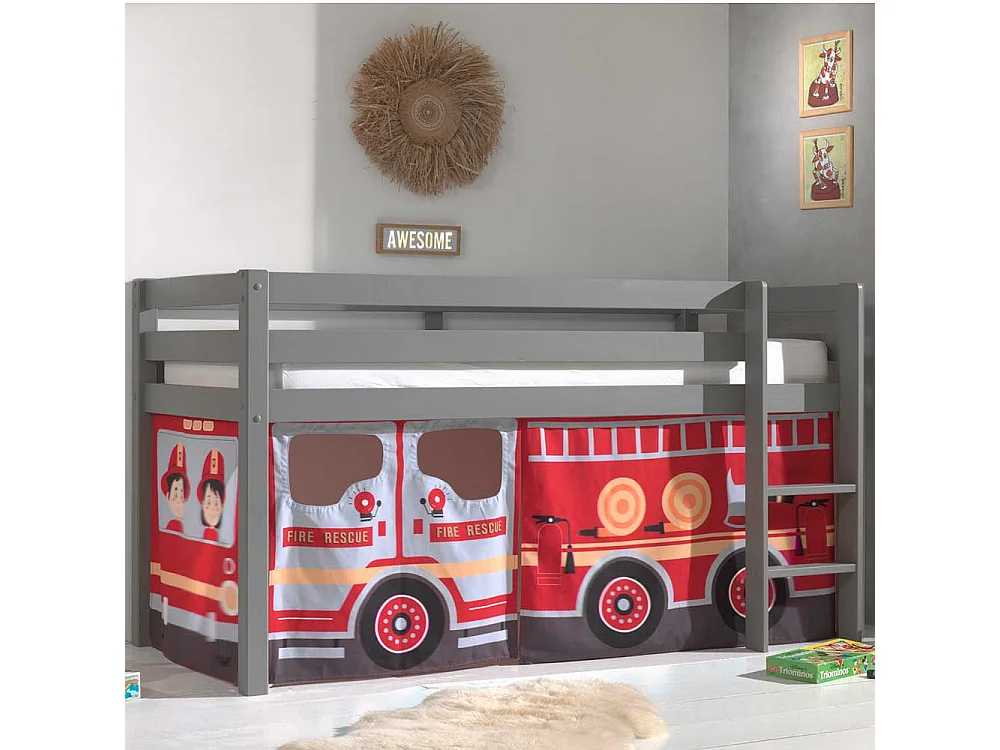 Kinder Hochbett aus Kiefer Massivholz Grau mit Feuerwehr Vorhang