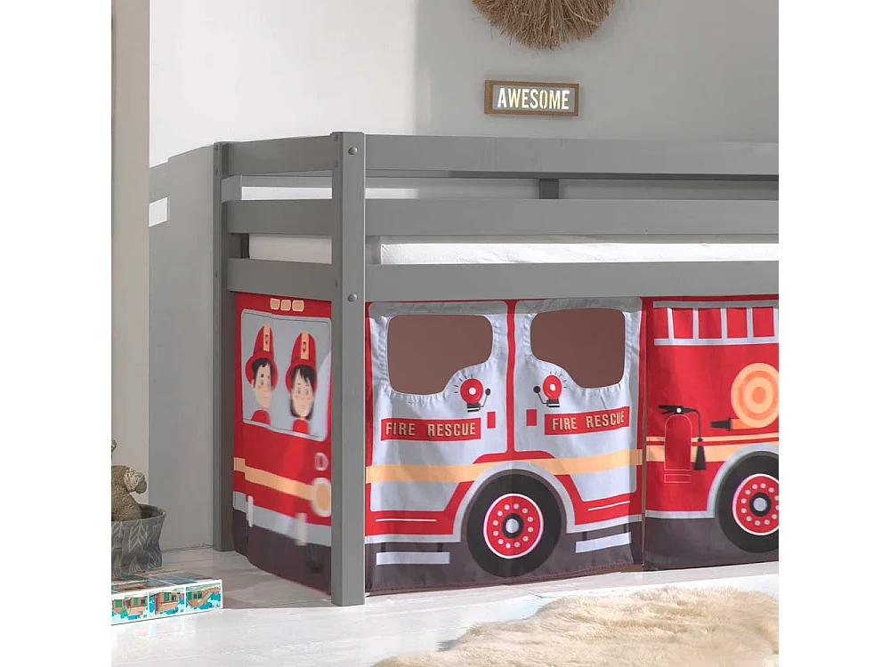 Kinder Hochbett aus Kiefer Massivholz Grau mit Feuerwehr Vorhang